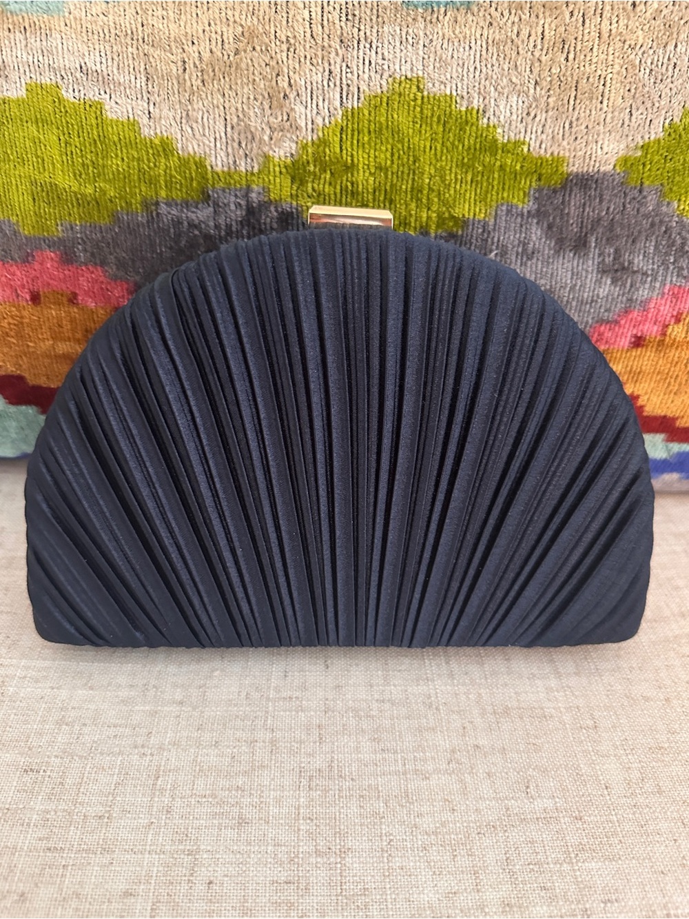 Lulu's Navy Pleated Half-Moon Clutch with Gold-Tone Clasp
